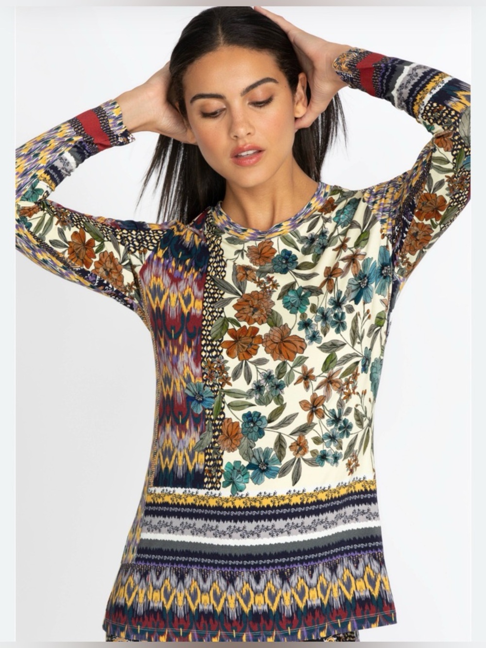 Johnny Was Multicolor Floral Patchwork Long Sleeve Tee